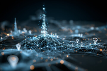 futuristic wireframe geo-location map, stylized 2D illustration, glowing blue tones only, abstract digital world map made of blue lines and dots, multiple location markers (map pins) scattered across 