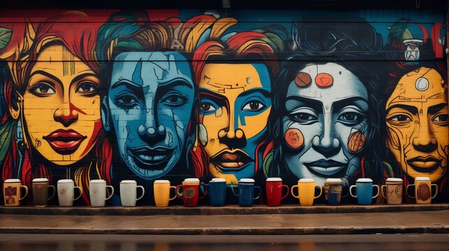 A vibrant street mural featuring faces above a colorful mug collection.