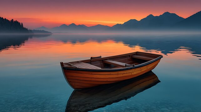 Serene wooden boat on calm lake at sunrise with mountain backdrop