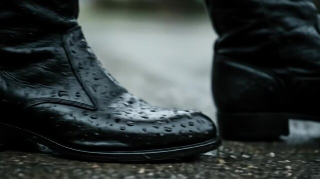 Close-up of black leather boots on a wet, gray surface