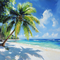 Sunlight bathing pristine white sand, turquoise waters surrounding verdant palms on secluded tropical shoreline, epitomizing serene island paradise