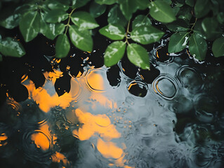 Raindrops splashing, creating intricate ripples on dark water surface, mirroring warm orange glow and verdant green foliage, embodying serene natural ambiance