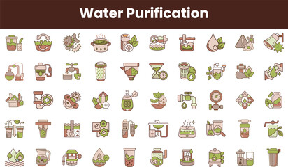 A colorful collection of water purification icons showcasing various methods and tools for clean water, highlighting sustainability and environmental awareness.