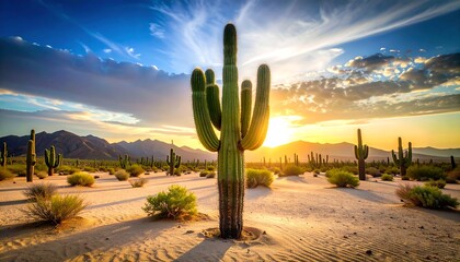 Majestic saguaro cactus stands tall amidst a vibrant desert sunset panorama
