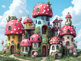 Vibrant mushroom dwellings nestling amid verdant foliage, glowing under soft cloudy skies, suggesting enchanted woodland landscape