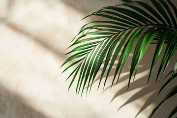 Elegant Green Palm Leaf Shadow on Soft Beige Wall Background