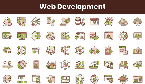 A diverse array of web development icons showcasing technology, growth, and innovation with a cohesive color palette.