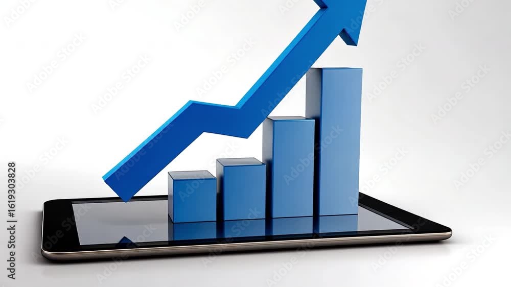Poster tablet displaying blue graph and arrow symbolizes growth and success in business, highlighting techn