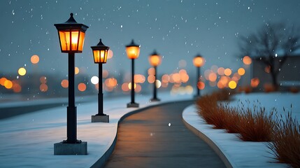 Snowy evening path illuminated by warm streetlights