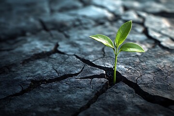 Tiny Green Sprout Emerging from Cracked Earth, Symbolizing Hope and Resilience in Harsh Conditions