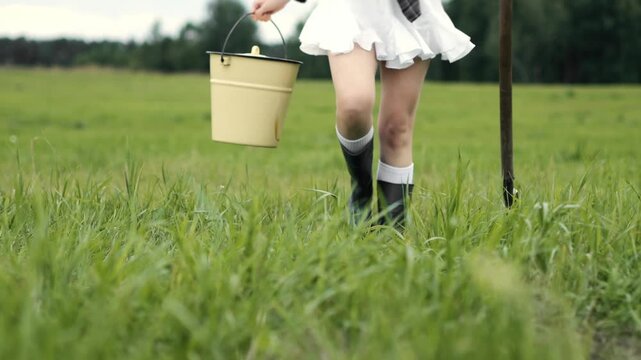 Woman walking across green field carrying bucket and shovel.