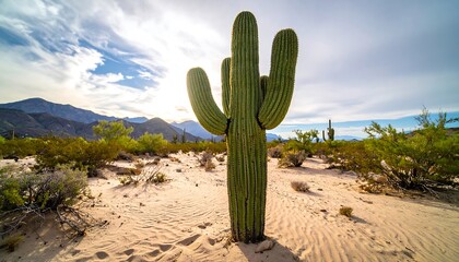 Majestic saguaro cactus stands tall in a desert landscape under a serene sky