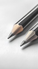 Two Black Pencils Sharply Pointed on Textured White Paper, Close Up View and Macro Detail