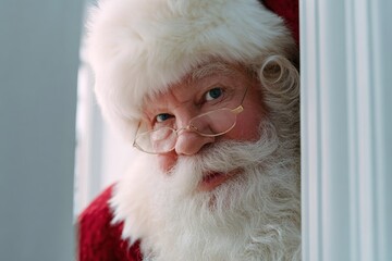 An elderly Caucasian man with a white beard and glasses peeks through a doorway. He wears a red suit with white trim, embodying the spirit of Christmas.