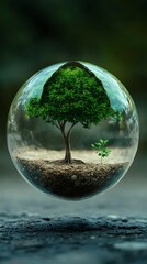 Tree and Seedling Growing Within Glass Orb Suspended Above Textured Surface