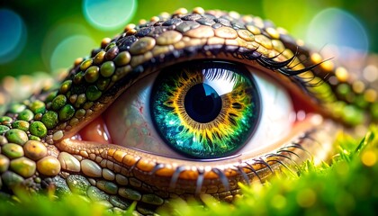Mesmerizing reptile eye with vibrant turquoise and golden hues in a lush verdant setting
