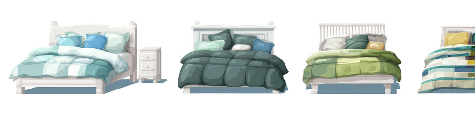 Four beds with various bedding color schemes