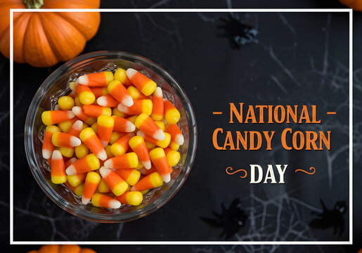 National Candy Corn Day banner with festive Halloween theme, candy bowl, pumpkins, and spooky background