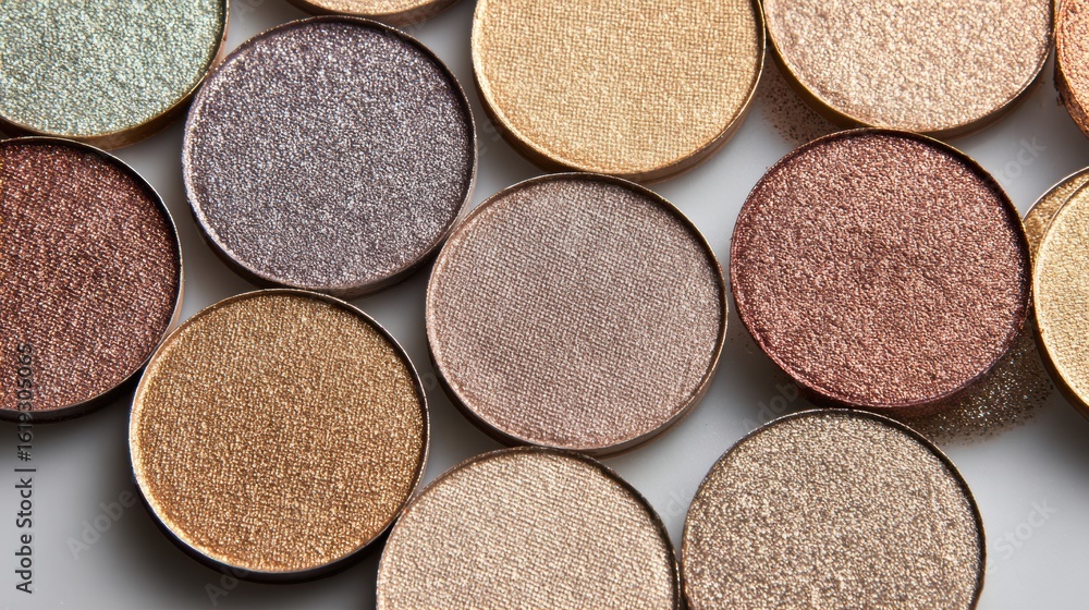 Poster collection of shimmering eyeshadow pans arranged with diffused light in a beautifully illuminated se