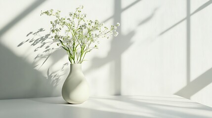 White Gypsophila Flowers in a Vase Against a White Wall with Light Play