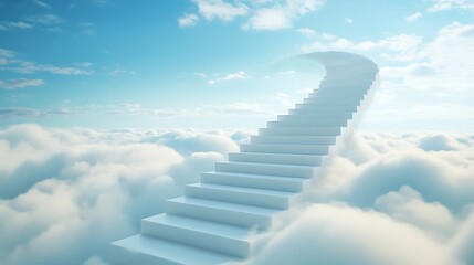 White Staircase Leading to Heaven Amidst Clouds Under Bright Blue Sky Imagery