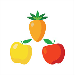 Yellow apple a red apple, and an orange strawberry arranged in a triangular formation with green leaves, isolated on white background