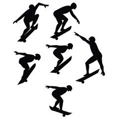 Black silhouettes of skateboarders in various action poses