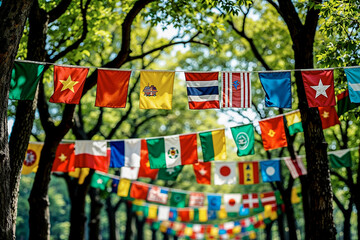 International friendship festival with colorful flags in a park 