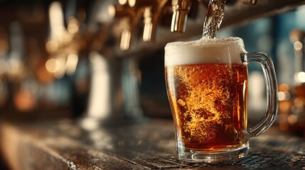 A bartender skillfully pours a fresh craft beer into a mug at a bustling bar in the evening. The warm glow of the bar enhances the inviting atmosphere for patrons.