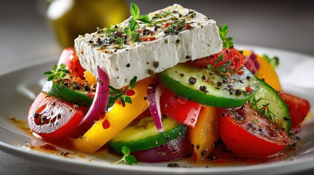 A vibrant salad features layers of ripe tomatoes, cucumbers, colorful bell peppers, and red onions topped with a thick slice of feta cheese, sprinkled with herbs and olive oil. - Powered by Adobe