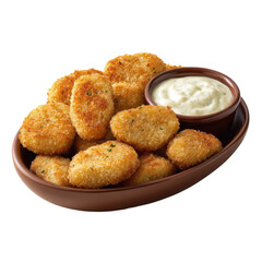 Crispy, golden-brown chicken nuggets, piled in an oval dish, with a side of creamy sauce
