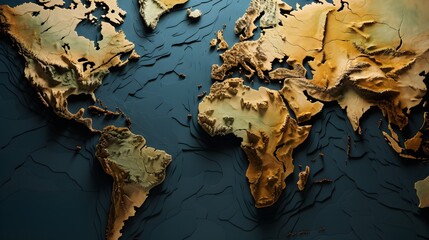 A 3d rendered map of the world, with a textured, topographical design. The artwork showcases continents and oceans.
