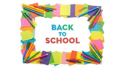 Obraz premium Back to school text in colorful letters surrounded by school supplies such as pencils, pens, stickers and clips, concept of education and learning