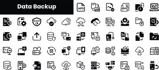 A collection of 60 black and white icons representing data backup concepts, including cloud storage, file transfers, and security measures.