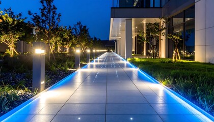 Modern building exterior with illuminated pathway and landscape design during night