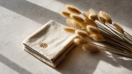 Soft linen napkins with dried bunny tails and sunlight