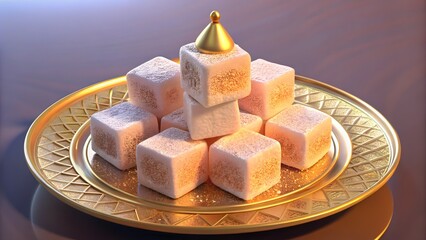 traditional turkish delight on golden plate 
