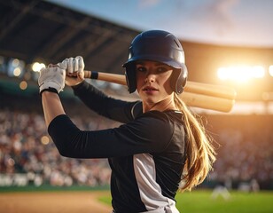 Female baseball player at bat
