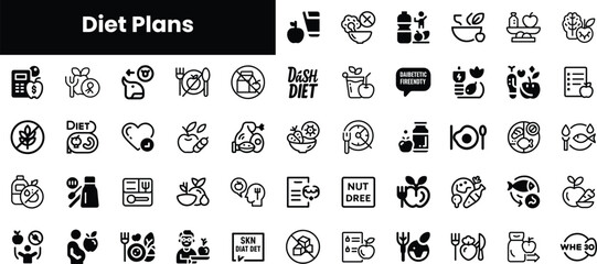 A collection of black icons representing various diet plans, including healthy eating, meal planning, and nutritious foods, conveying a focus on wellness and healthy lifestyles.