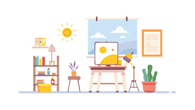 A bright and airy art studio with a computer, bookshelf, and plant, a modern and minimalist workspace illustration perfect for posters, cards, or decorative prints, isolated on white background