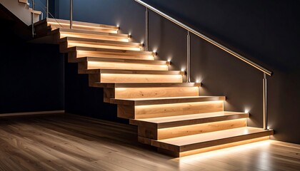 Modern wooden staircase with integrated lighting and stainless steel railing design