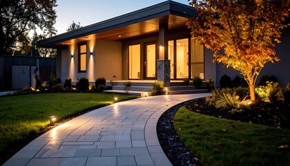 Modern home exterior with pathway lighting and landscape design at dusk or twilight