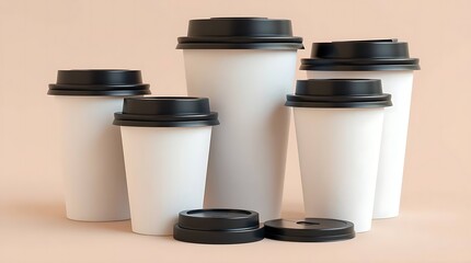 Minimalist 3D rendering of disposable white coffee cup with plastic lid, isolated on clean white background, ideal for branding mockup, takeaway beverage packaging, or café design."
