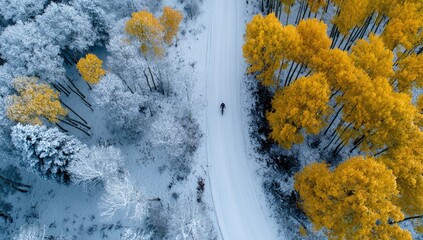 Cyclist on snowy road, autumn aspen trees, aerial view, winter landscape, travel poster