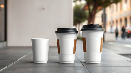 Minimalist 3D rendering of disposable white coffee cup with plastic lid, isolated on clean white background, ideal for branding mockup, takeaway beverage packaging, or café design."

