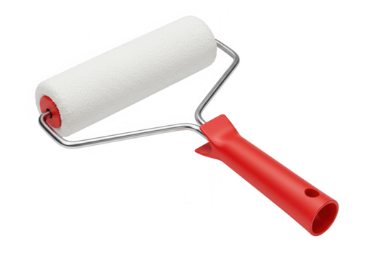 Paint roller with red handle for painting isolated on transparent background
