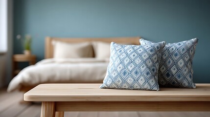 Cozy bedroom scene with decorative pillows on a wooden bench
