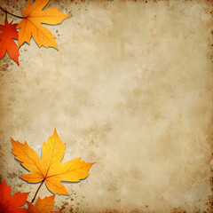 Vibrant maple leaves framing vintage paper backdrop, showcasing warm autumn palette with generous negative space for creative design elements and nostalgic mood