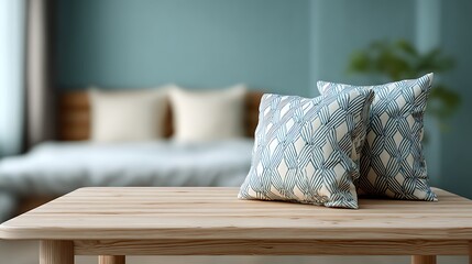 Cozy bedroom scene with decorative pillows on a wooden table