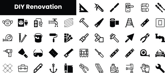 A collection of black and white icons featuring various DIY renovation tools, including hammers, screwdrivers, and measuring instruments for home projects.